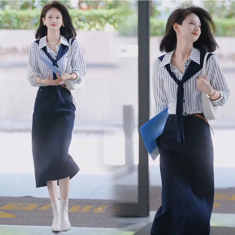 2025网红气质时尚披肩竖条纹长袖衬衫收腰半身裙秋季轻职通勤套装