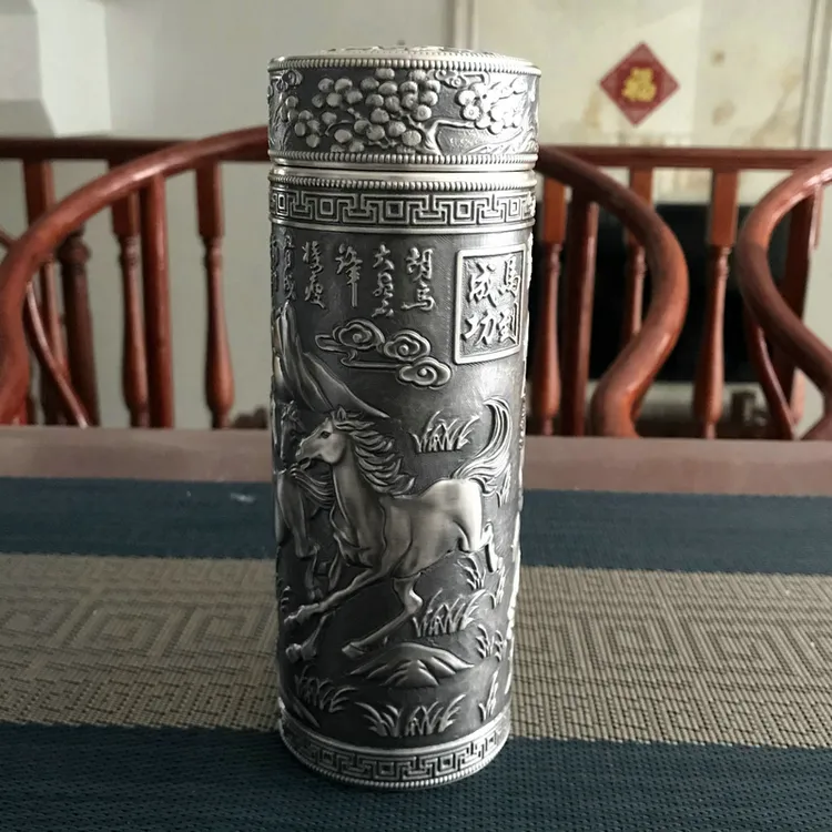 足银银制品 足银999马到成功款保温杯内外纯银复古手工泡茶杯隔热