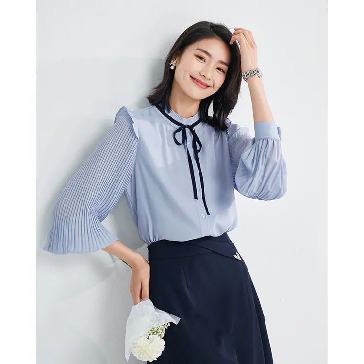 蓝色风琴褶衬衫女长袖系带蝴蝶结上衣木耳边职业白衬衣春秋