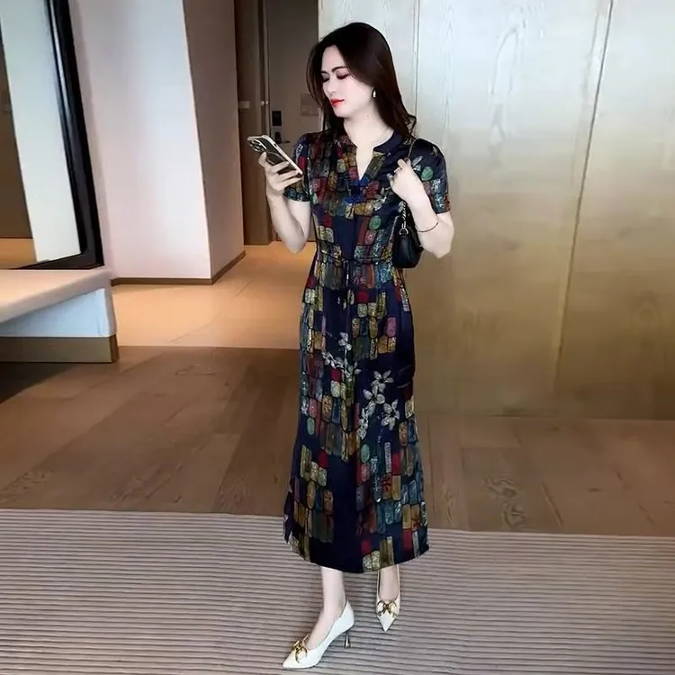 新中式国风显瘦时尚通勤收腰夏季女性开叉连衣裙气质减龄旗袍裙子