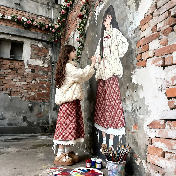 2025秋冬新款甜美学院风小熊加厚保暖棉服外套女搭配半身裙两件套