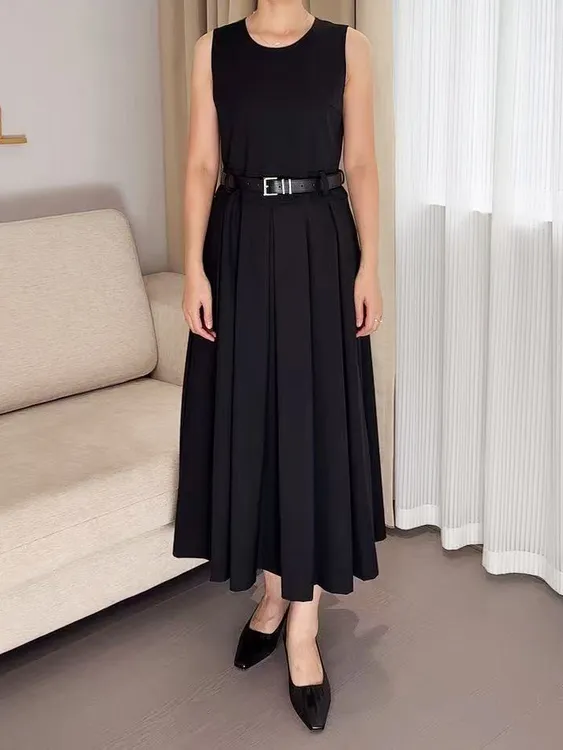 【黑简雅风】秋冬长款羊毛腰带百褶背心裙腰带收腰连衣裙圆领无袖秋