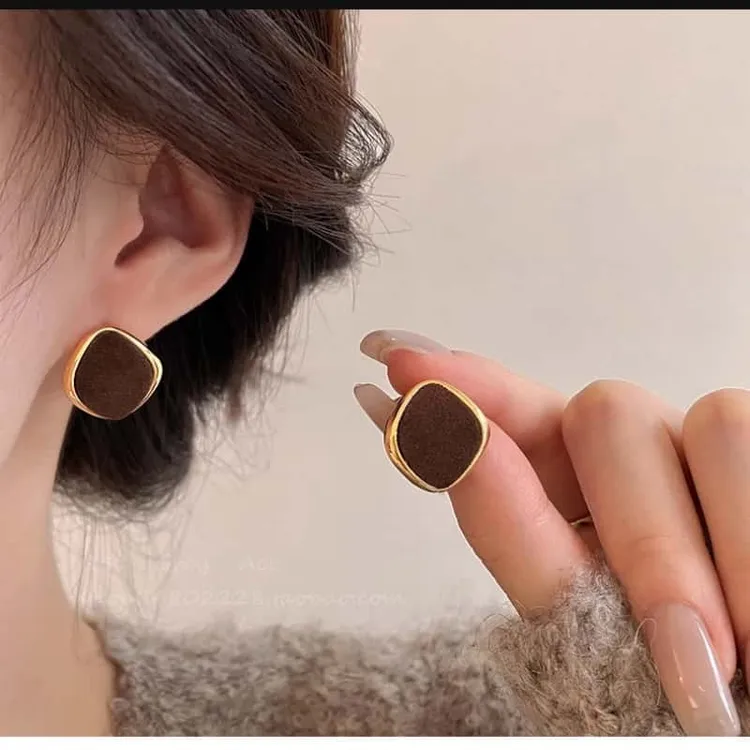 铜合金耳饰 复古棕色方形丝绒女2025新款爆款轻奢高级感耳环耳饰