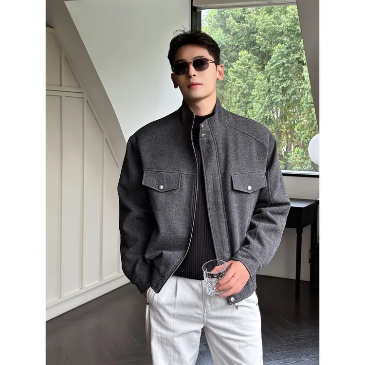 极简高级感「羊毛解构剪裁呢料」冬季立领宽松夹棉夹克毛呢外套男