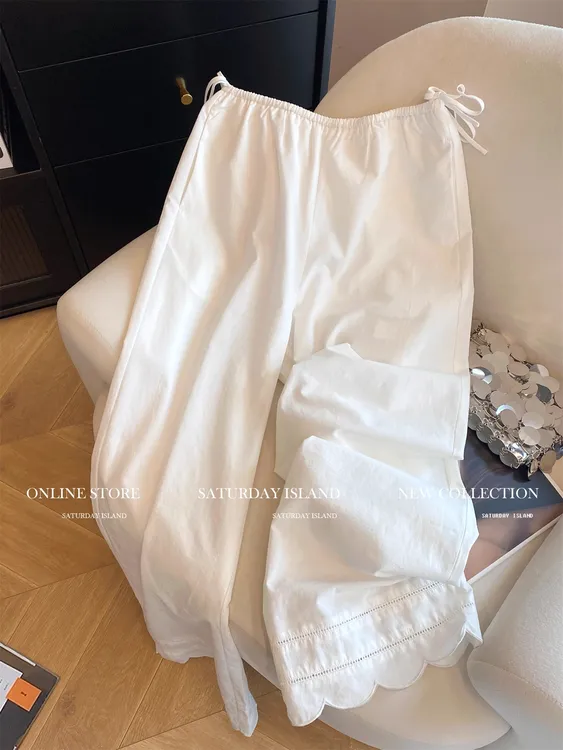 法式设计感波浪边裤脚镂空高腰阔腿休闲裤女夏季百搭显瘦直筒裤子