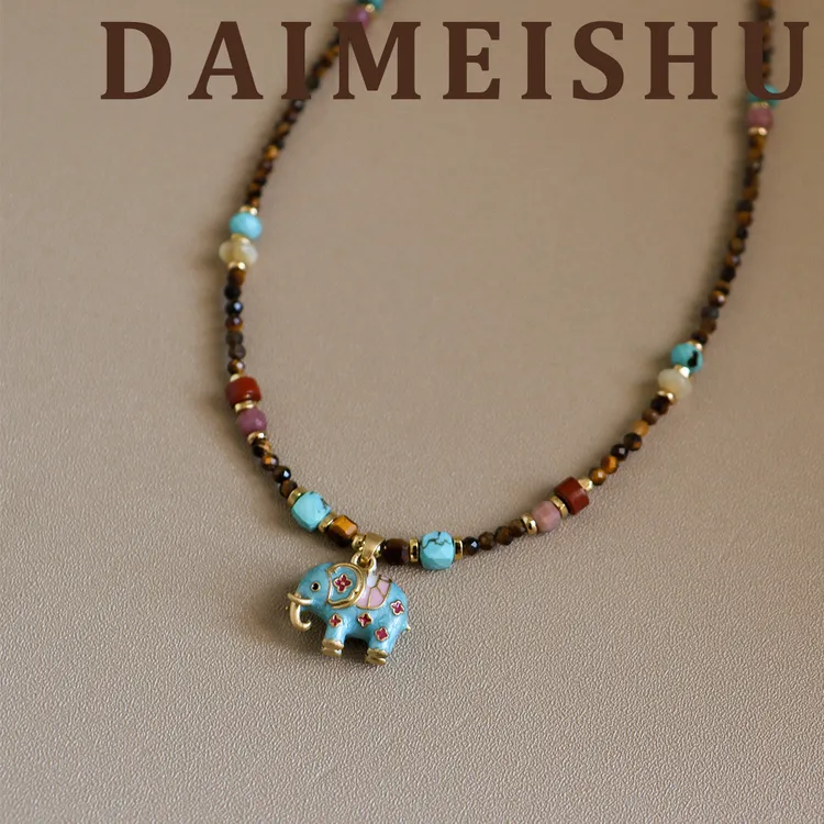 原创复古滴油小象虎眼石松石项链配饰女轻奢小众高级感锁骨链