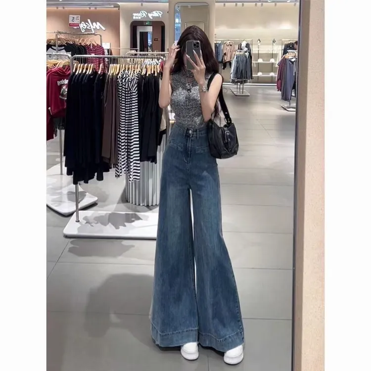 高级感蓝色百搭阔腿牛仔裤女2025秋季新款高腰遮肉显瘦显高长裤