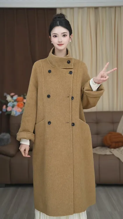韩版经典百搭双排扣高领设计柔软厚实羊毛大衣 5503