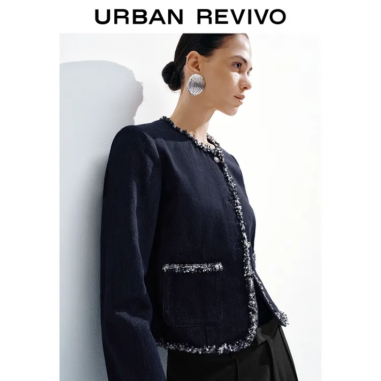 UR2025秋季新款女装气质小香毛边饰短款牛仔外套UWM850257