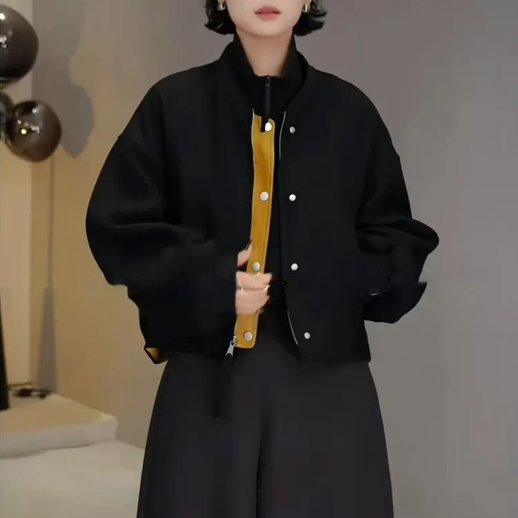 不对称拼色拉链棒球服外套女2025秋季宽松百搭设计感短款夹克上衣