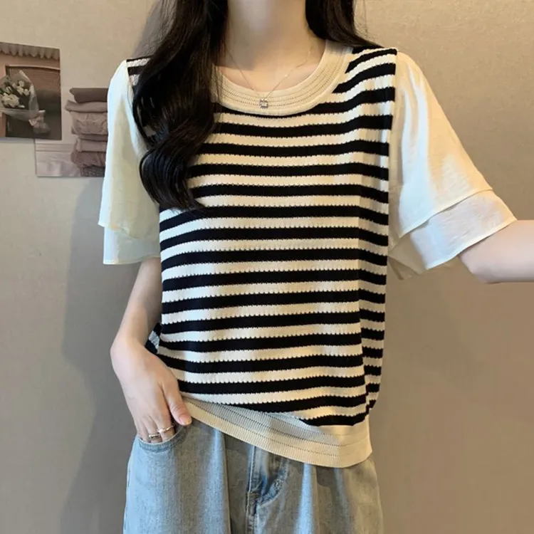 大码女装条纹短袖夏季2025新款胖mm遮肚显瘦雪纺T恤拼接半袖上衣