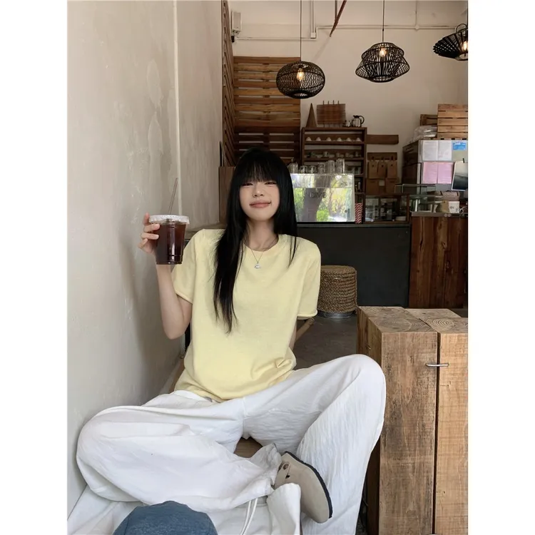 韩绝美夏日休闲套装纯色圆领短袖T恤女高腰宽松阔腿裤两件套