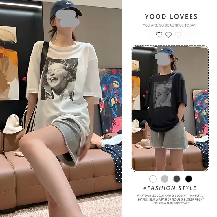 中长款美式印花白色半袖上衣女2025夏季卷边抽绳休闲短裤时尚套装