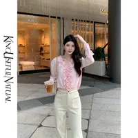 KUN【贝拉】千金搭配 刺绣圆点衬衫不规则长袖秋冬粉色秋季上衣