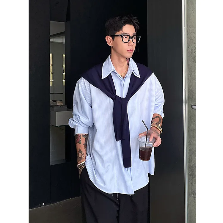 韩系蓝色条纹衬衫男秋季披肩高级设计感老钱风假两件长袖衬衣外套