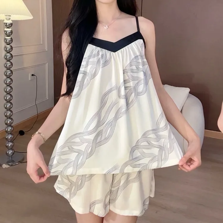 夏季睡衣女款套装爆款2025新款冰丝带胸垫薄款可外穿韩版家居服