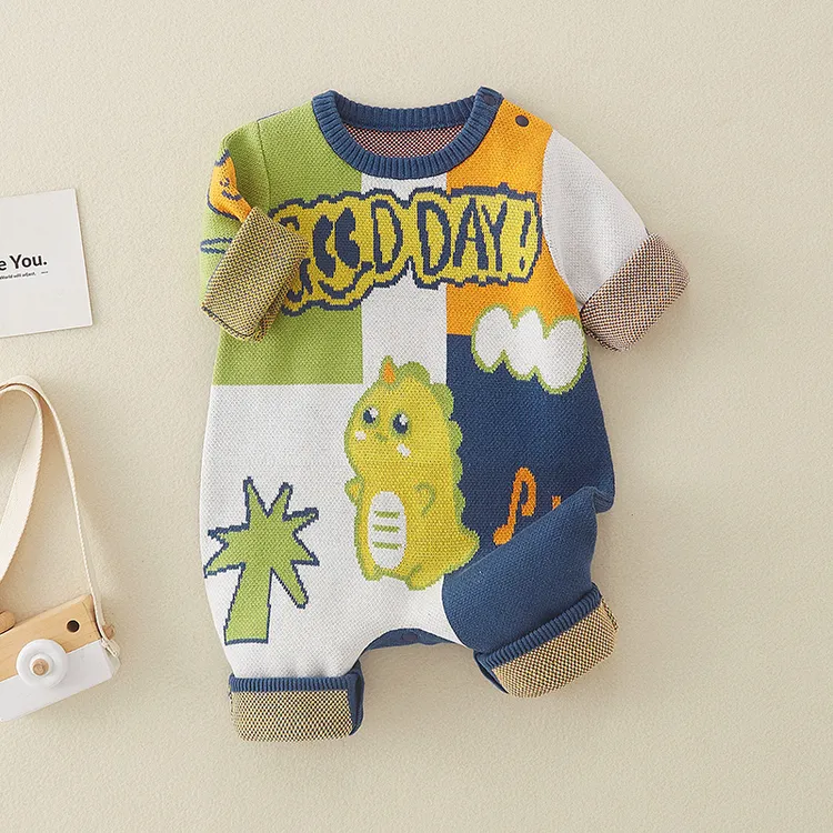 婴儿连体衣秋冬新款衣服男宝宝针织毛衣套装外穿爬服套头连身哈衣