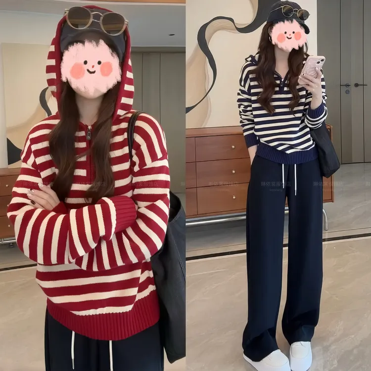 2025早秋新款百搭设计感宽松休闲条纹针织衫舒适简约休闲裤套装女
