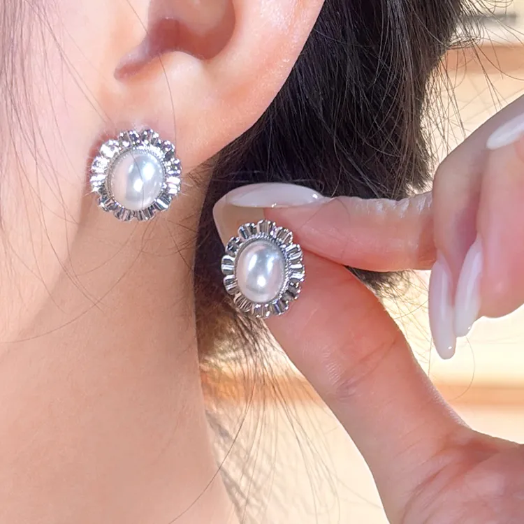 足银仿珍珠耳饰 E0179浮光 小清新花朵耳环925针简约小香风耳饰