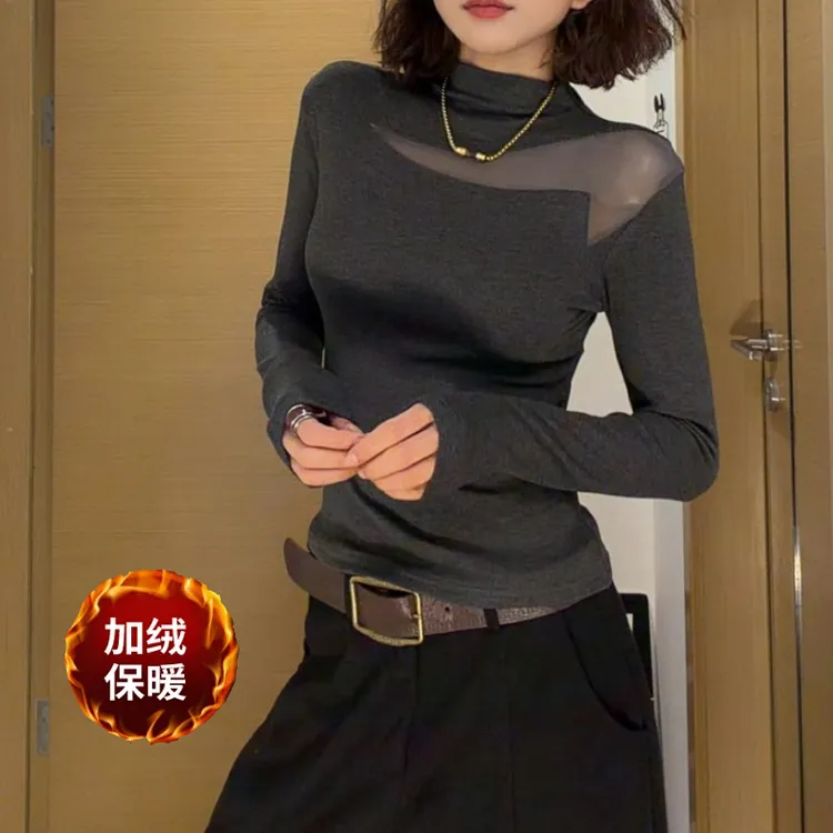 现货 先发【加绒锁温】秋冬新款半高领网纱修身显瘦打底衫T恤女上衣