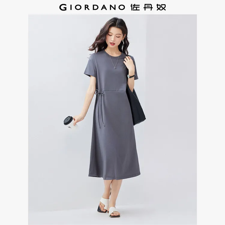佐丹奴夏新款连衣裙女侧腰带收腰圆领休闲气质连衣裙 05465485