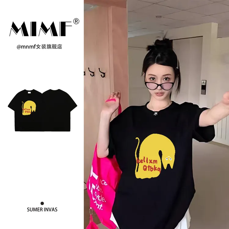 mnmf潮牌休闲装oversize小猫印花上衣夏季纯棉宽松显瘦短袖T恤女