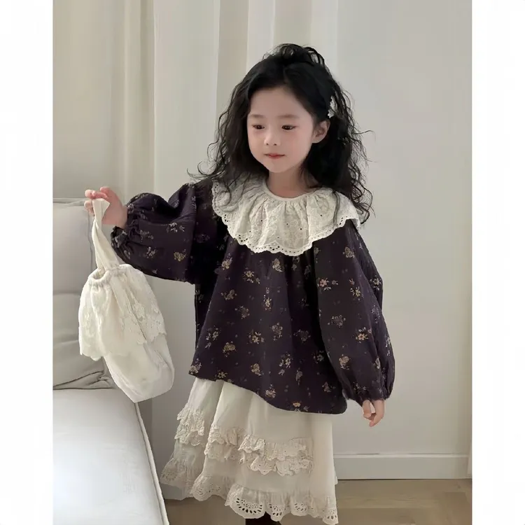 领复古荷叶花女童春秋套装秋季衫百搭上衣小女孩白色半身裙两件