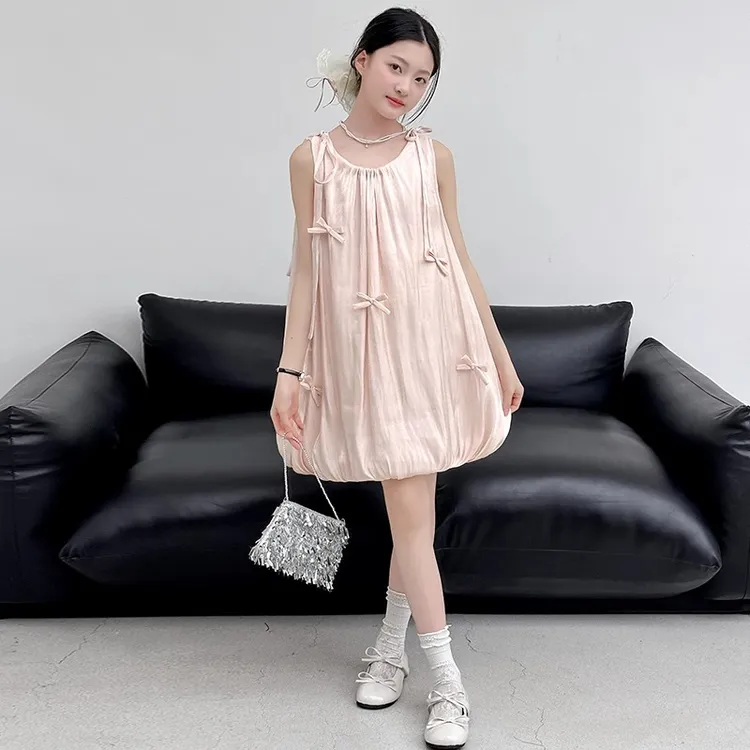 女童夏季连衣裙2025新款女孩甜美蝴蝶结无袖吊带公主裙夏装花苞裙