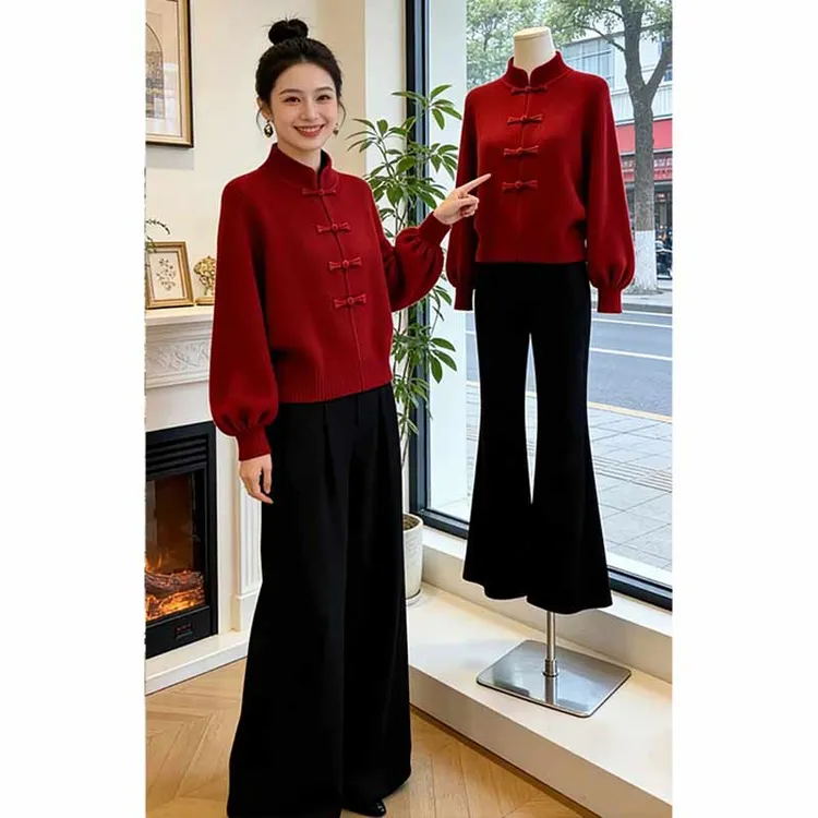 香朵儿【跨年】新中式红色立领盘扣粗线毛衣2026秋季灯笼袖针织衫