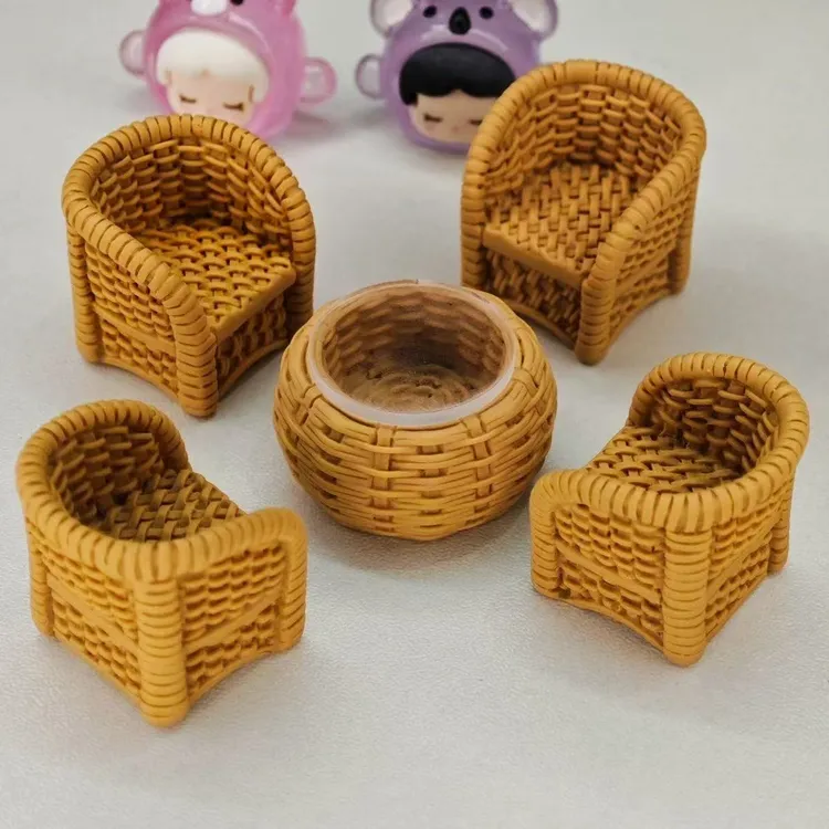 微缩迷你仿真竹藤椅子一套过家家玩具孩子礼物模型摆件配件家具