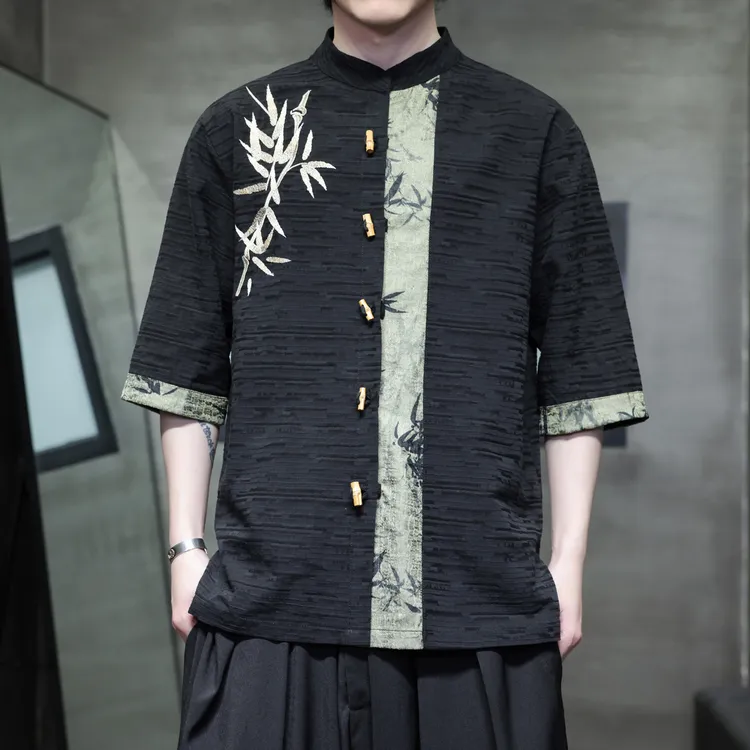 新中式竹扣竹叶刺绣五分袖提花古装衬衫大码男士衬衣夏季薄款宽松