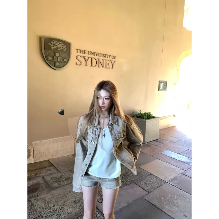 美式复古松弛感慵懒风牛仔夹克外套秋冬新款修身百搭直筒短裤套装