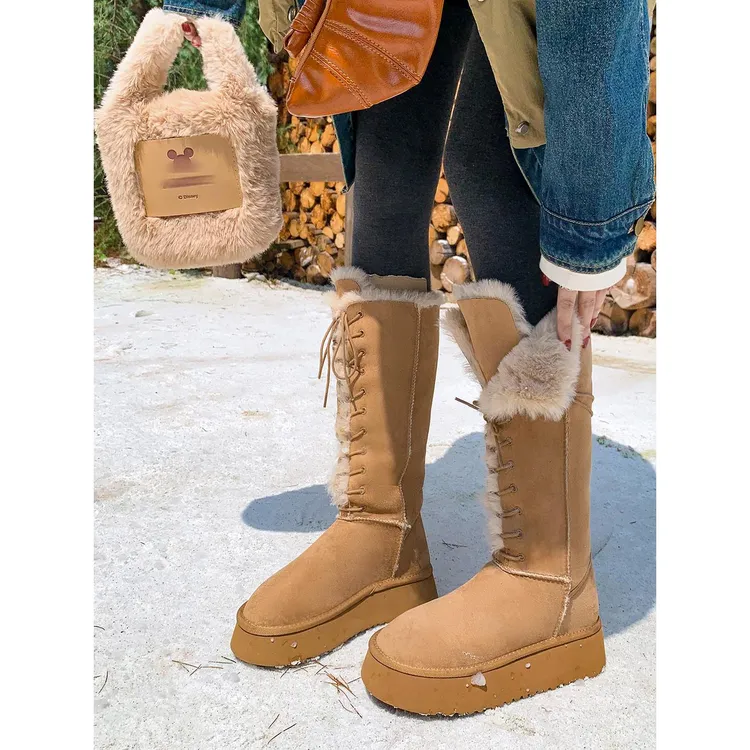 4cm松糕底时尚圆头中筒雪地靴女百搭纯色韩版系带加绒保暖时装靴