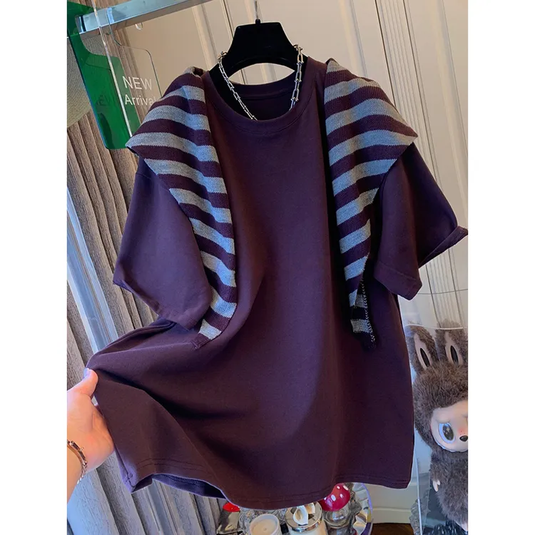 胖妹妹240斤大码早秋流行条纹披肩磨毛短袖打底衫女装宽松T恤上衣