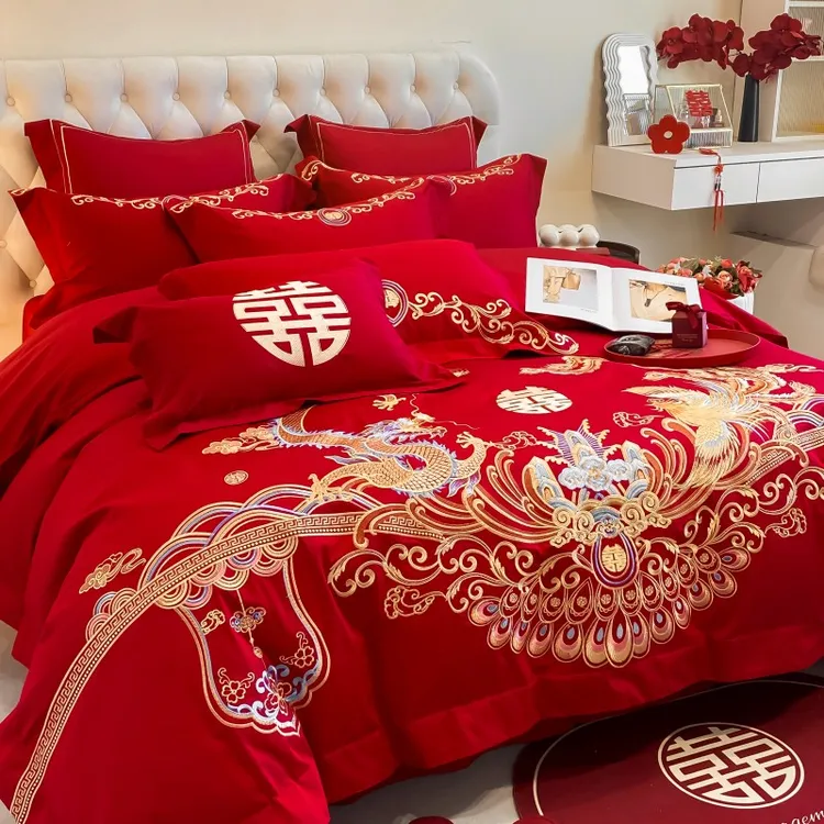 南通法式雅致家纺结婚四件套喜庆红色纯棉全棉双喜龙凤被套床单新