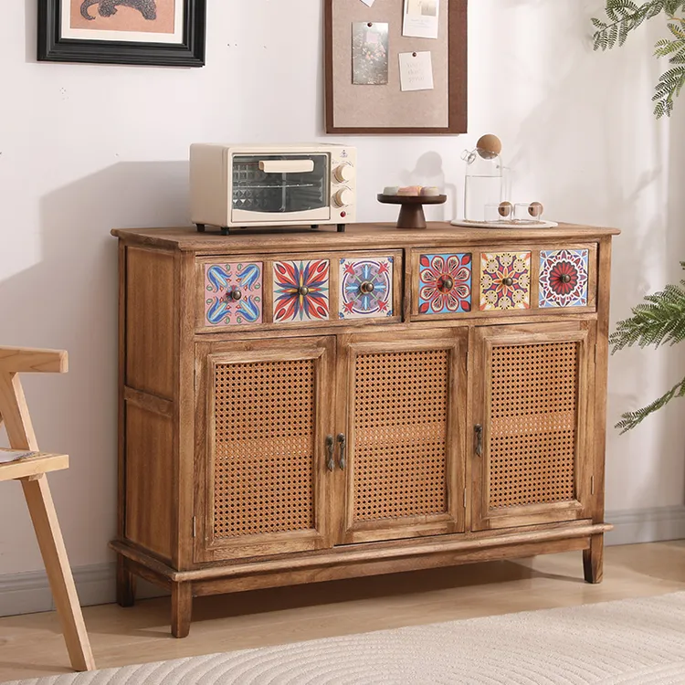 117*36*86cm实木美式斗柜储物柜藤编大容量餐边柜多功能置物鞋柜