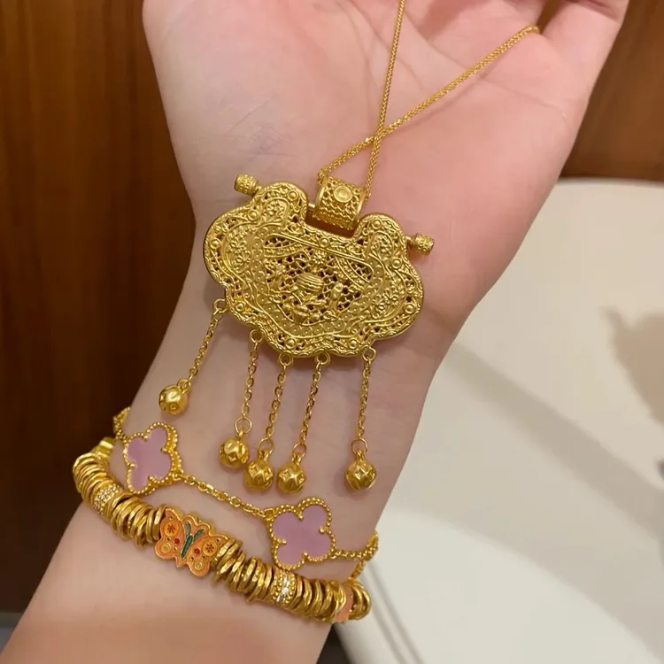 铜合金项链 天子门生锁吊坠项链女款龙凤呈祥锁包铃铛流苏颈链