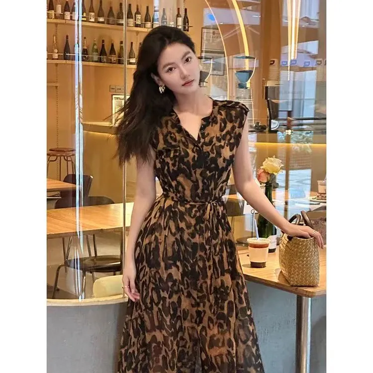 豹纹连衣裙气质时尚女士印花夏季设计师女装