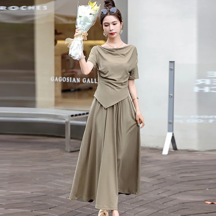 女装时尚休闲套装夏季新款女装显瘦气质两件套套裙高腰短袖轻熟风