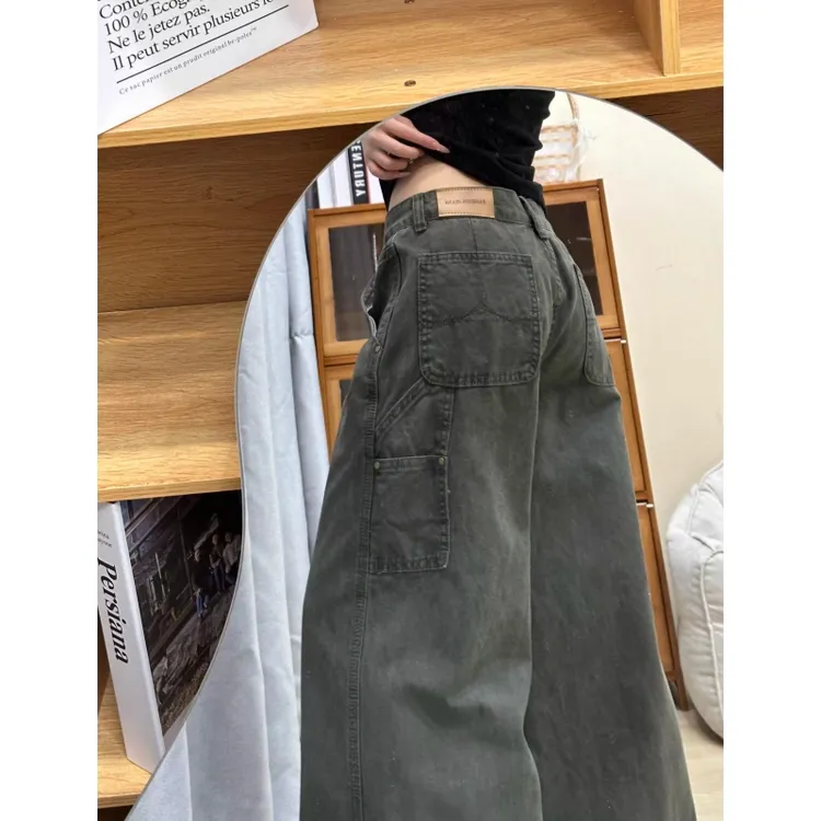 【100%含棉】美式阔腿工装牛仔裤女夏季宽松显瘦直筒垂感休闲拖地裤