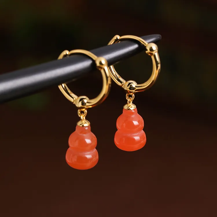 小银匠冰种南红耳饰红玛瑙925银葫芦耳环女新中式红色玉耳饰耳坠