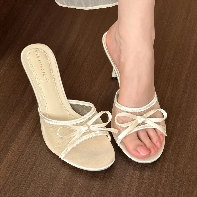 elingstudio 温柔仙感！杏色网纱蝴蝶结凉拖女2025年夏季高跟凉鞋