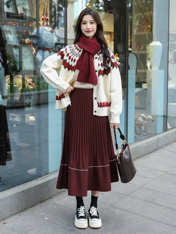 安可拉红毛呢半身裙女秋冬新款a字高腰气质中长款百褶裙宽松