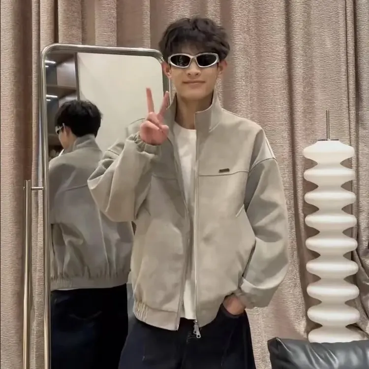 MANRE SHOW水洗立领皮衣外套男女款春季美式复古潮流机车皮夹克