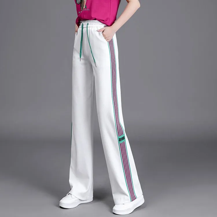 阔腿裤女2025春秋新款彩虹镶边百搭休闲裤高腰显瘦运动款直筒卫裤