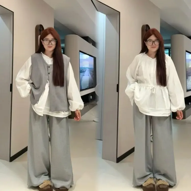 新款大码高级感洋气排扣衬衫通勤马甲高腰阔腿裤套装