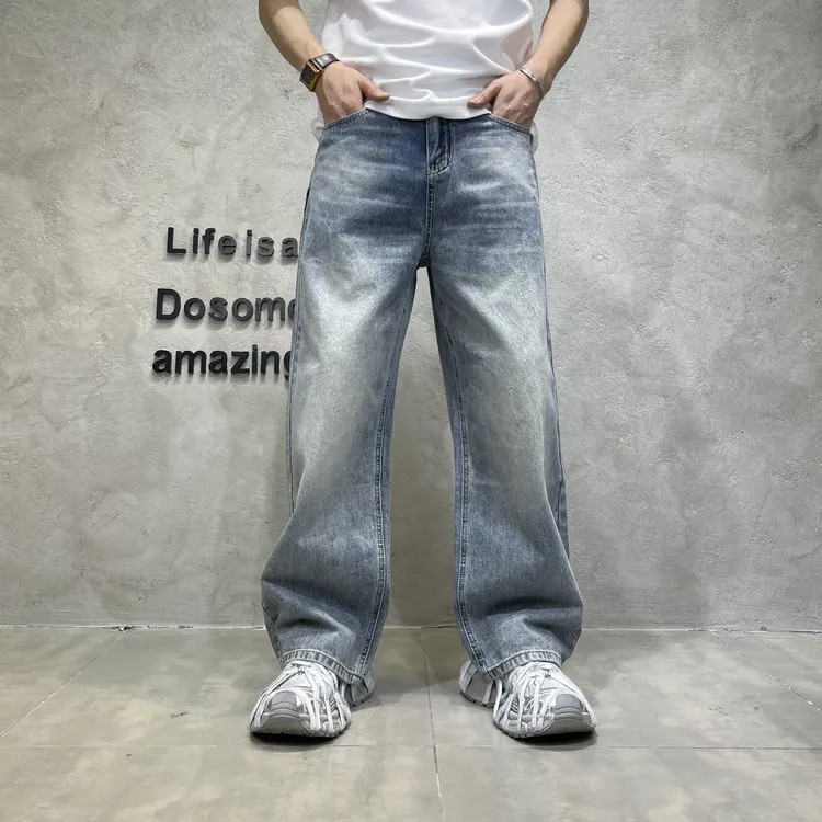 2025夏季美式男士直筒牛仔裤休闲复古水洗做旧简约款宽松百搭长裤