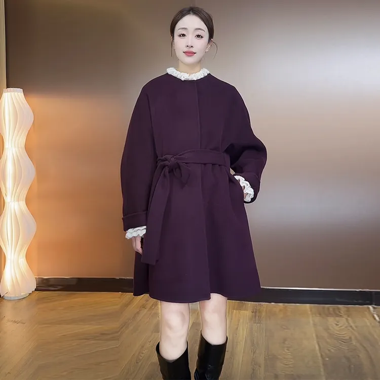 毛呢外套大衣厚款秋冬拼接女装气质中长款显瘦圆领羊绒大衣