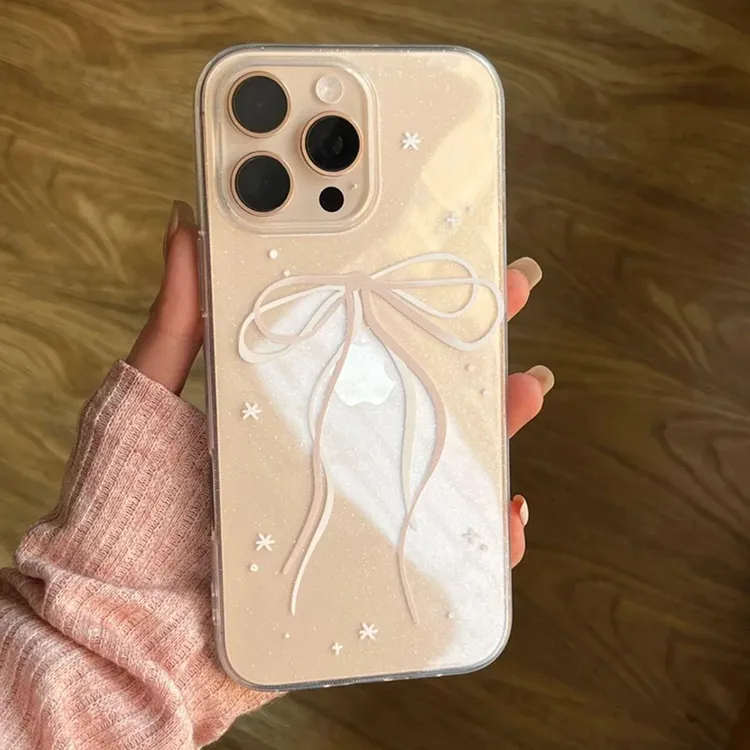 BANCA粉丝带蝴蝶结适用iPhone16/15promax细闪手机壳苹果14大孔13