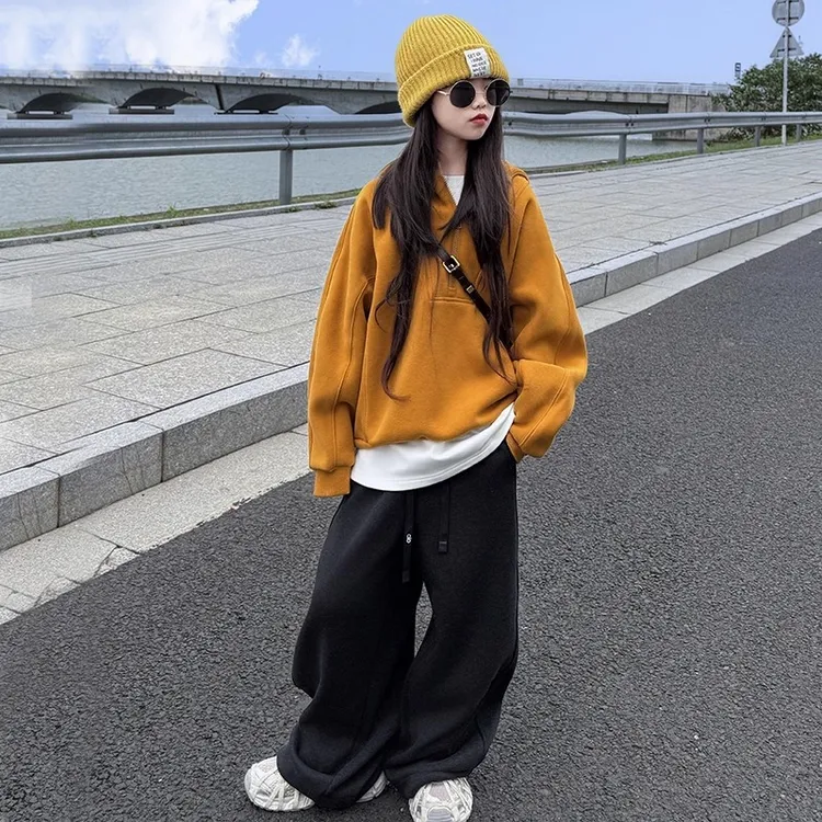 女童装儿童半拉链加绒卫衣2025秋冬款内搭宽松休闲中大童连帽外套